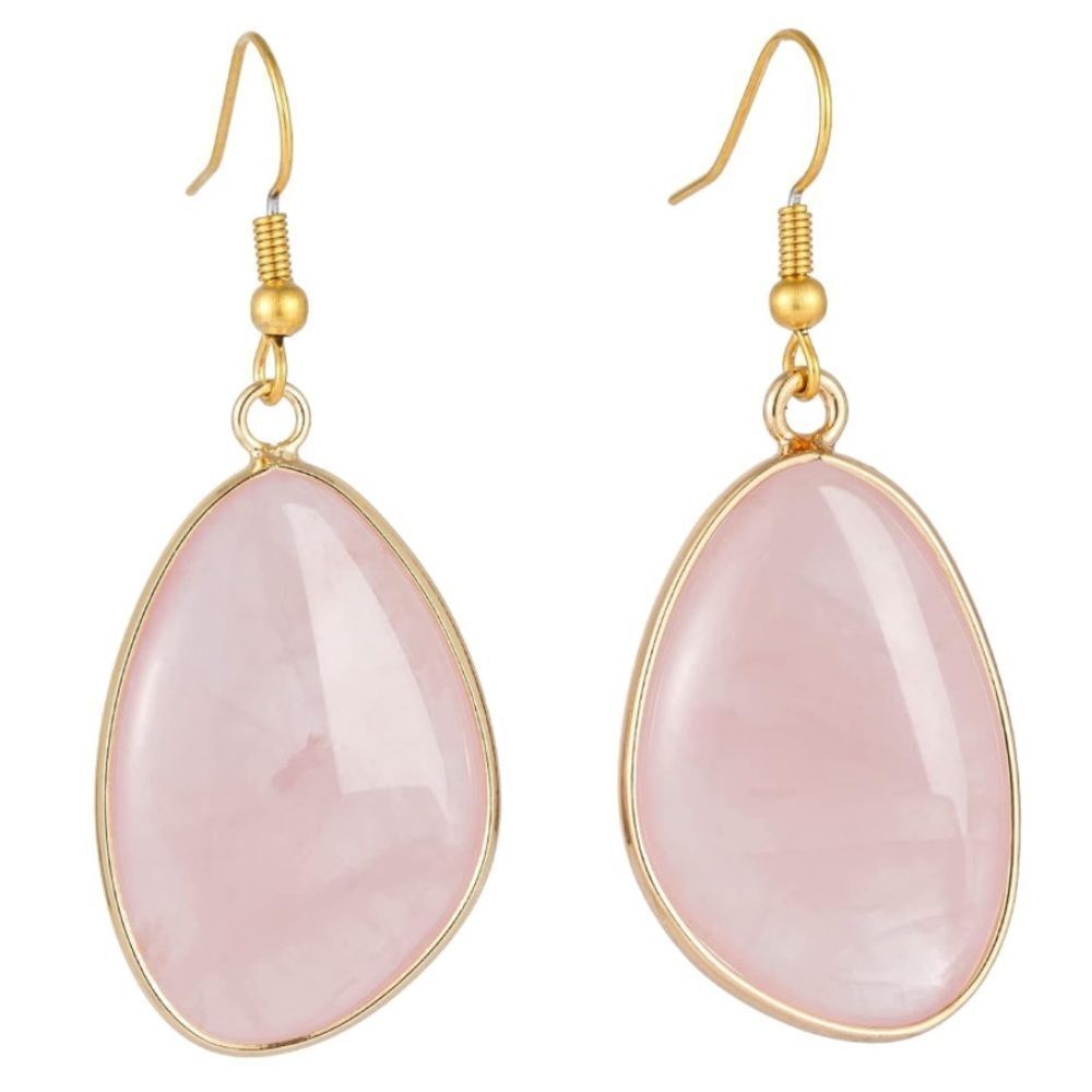 18K Yellow Gold with Natural Pink Rose Quartz Stone French Wire Hook Earrings
